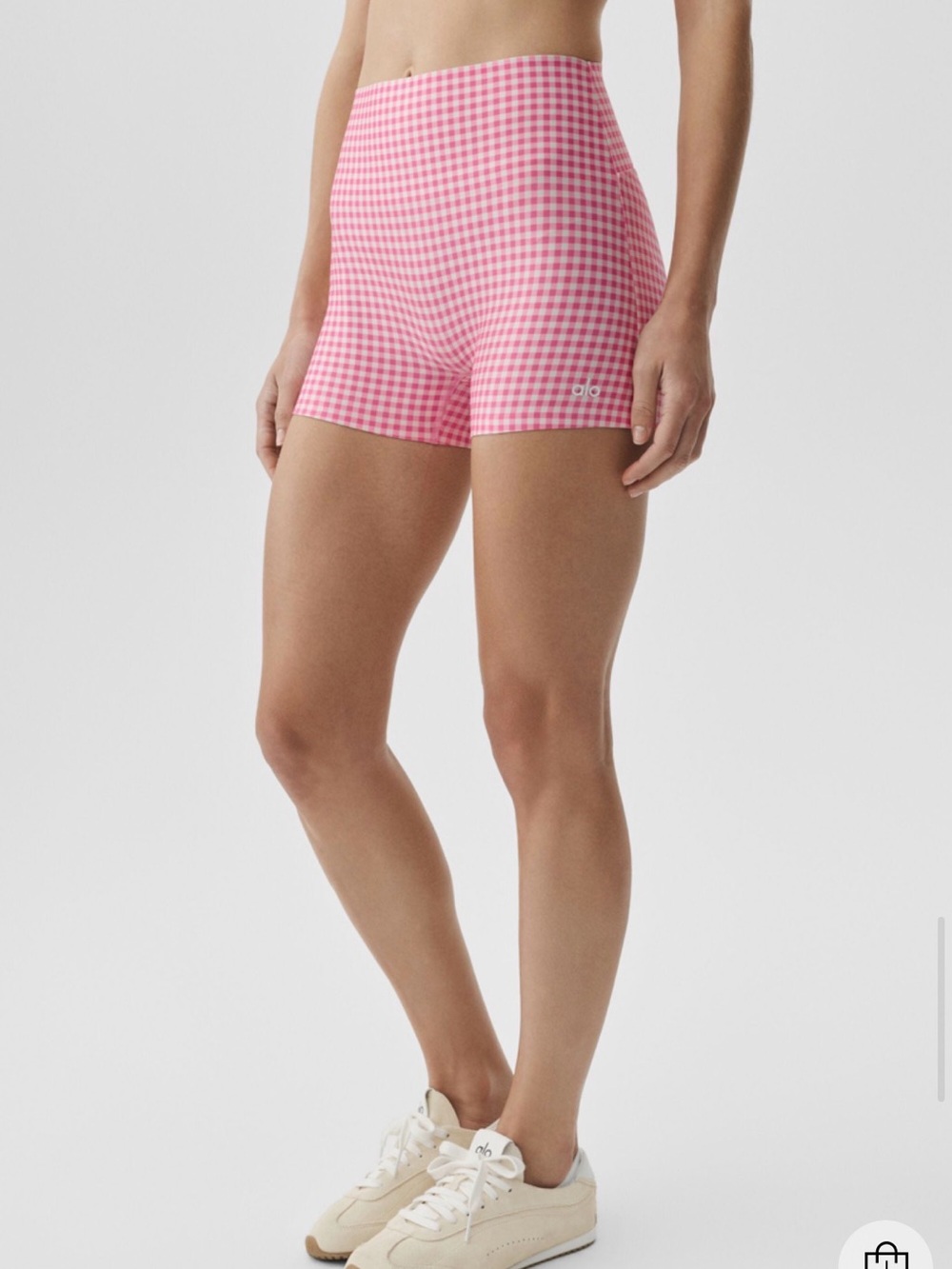 ALO Yoga Airlift Pink Gingham High-Waist Sleek Shorts - Picture 2 of 3